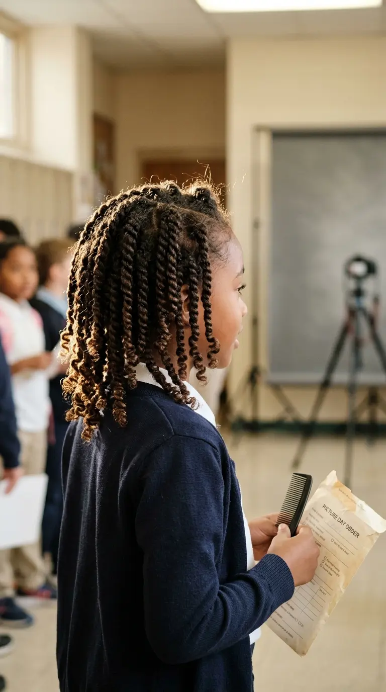 Three quarter back view of a girl with two strand twists and bouncy curled ends
