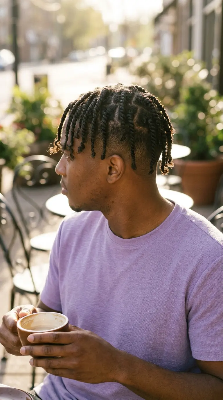 Three quarter front view of a Black man with two strand twists and a drop fade