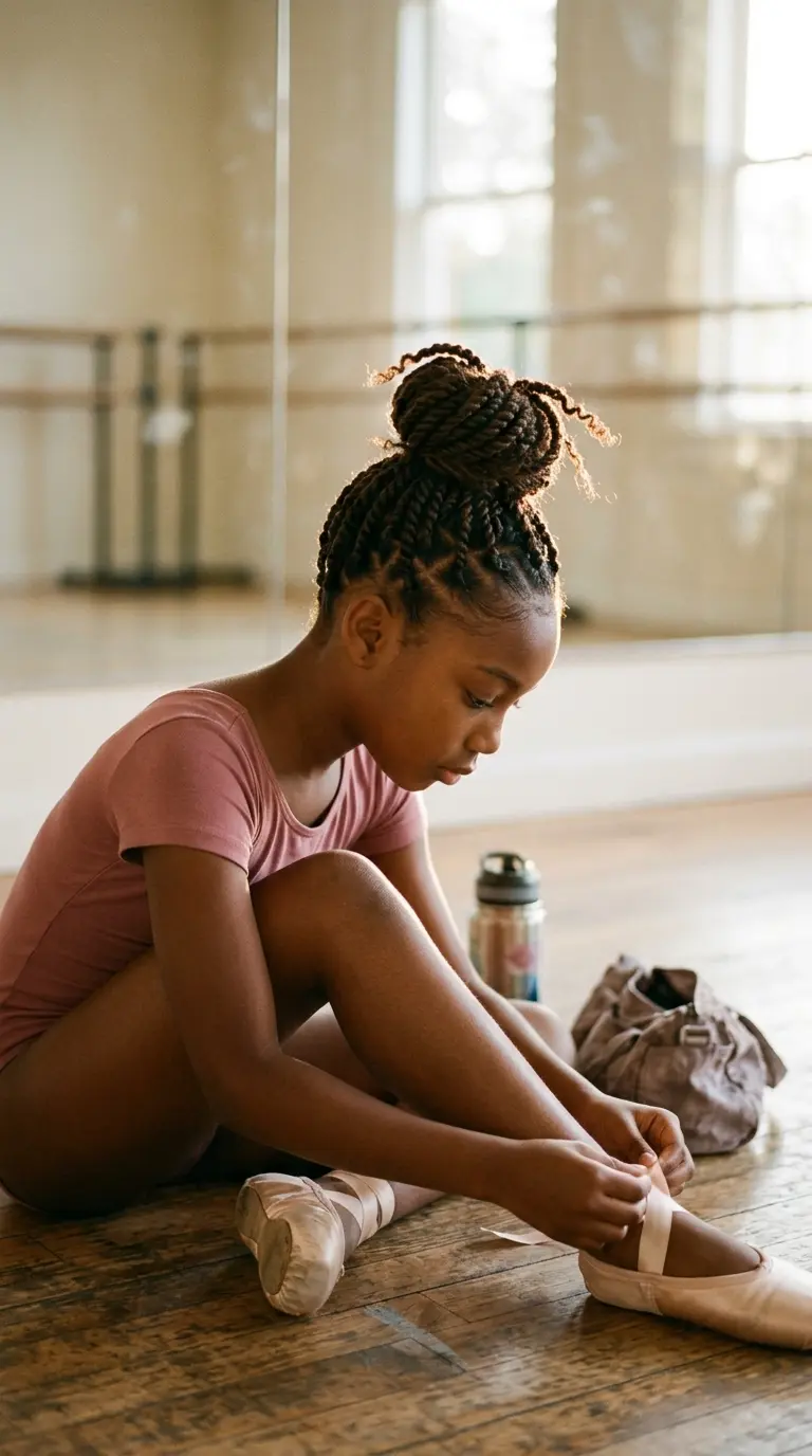 Three quarter front view of a girl with two strand twists gathered into a high bun