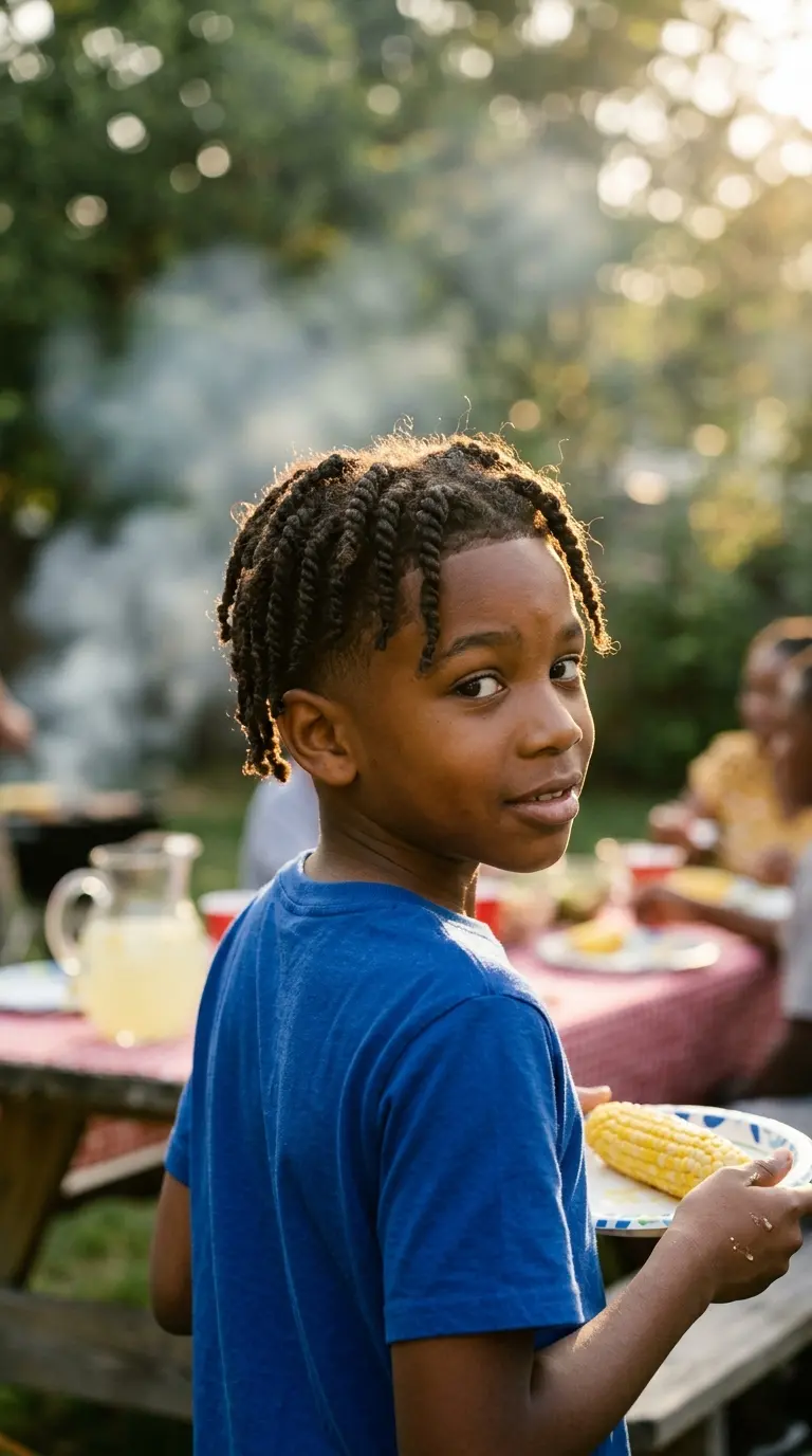 Over the shoulder view of a boy with two strand twists and taper