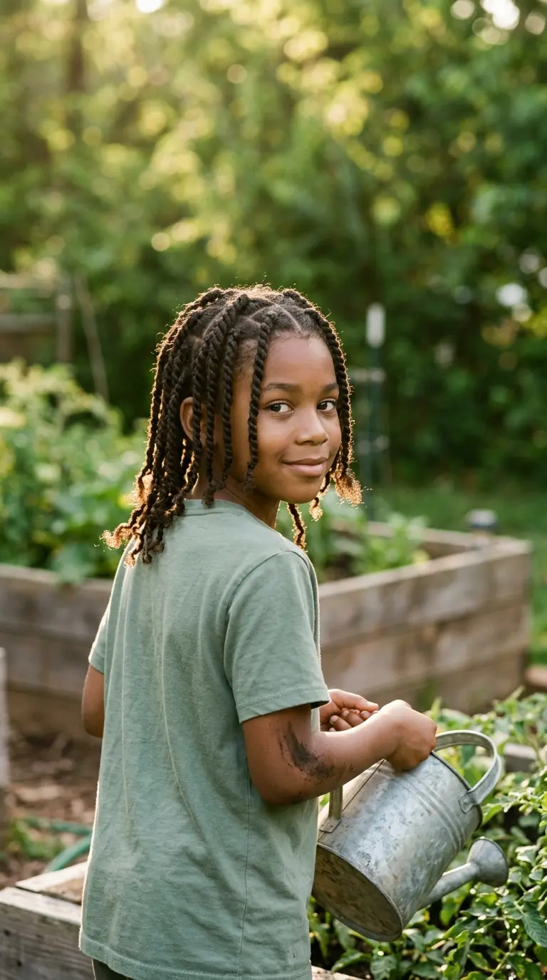 Over the shoulder view of a boy with shoulder length two strand twists