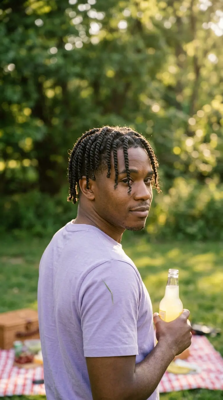 Over the shoulder view of a man with two strand twists and a temple taper
