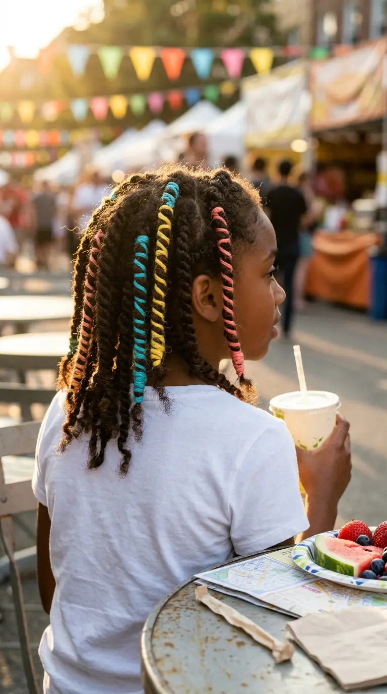 Three quarter back view of a girl with two strand twists wrapped in bright thread
