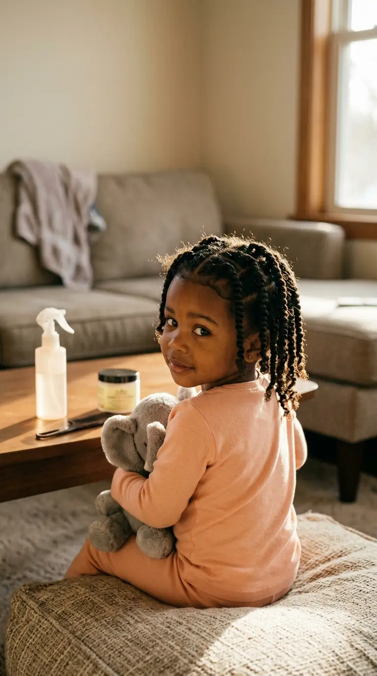 Over the shoulder view of a toddler girl hairstyle with two strand twists