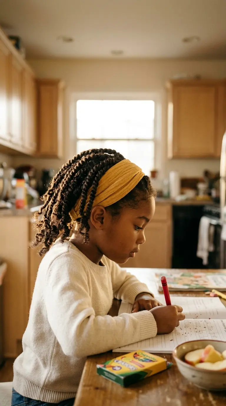 Side profile of a girl with two strand twists pushed back by a wide fabric headband