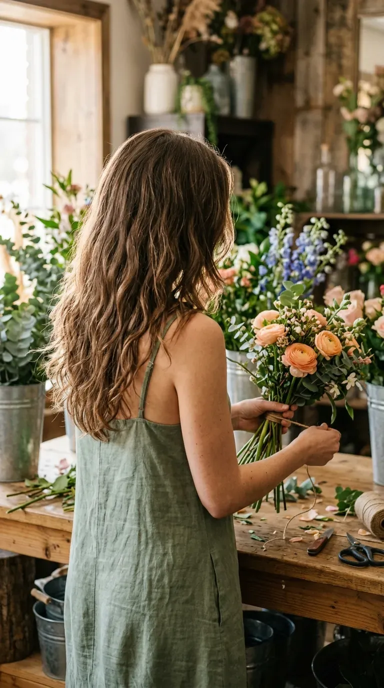 Long wavy brown hair with a rounded U shaped layered hemline in a florist shop