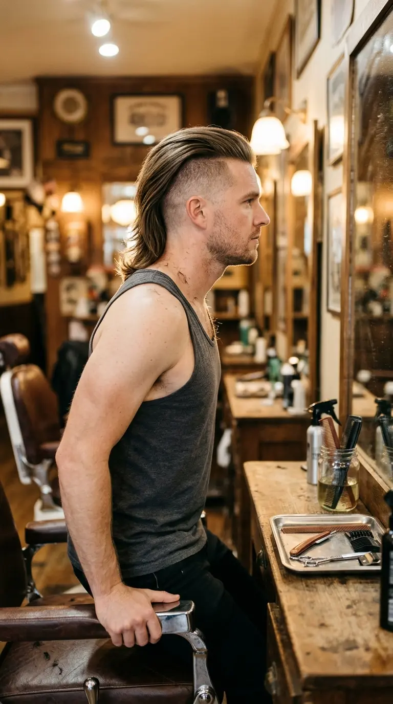 Side profile of an undercut with long hair on top in a barbershop