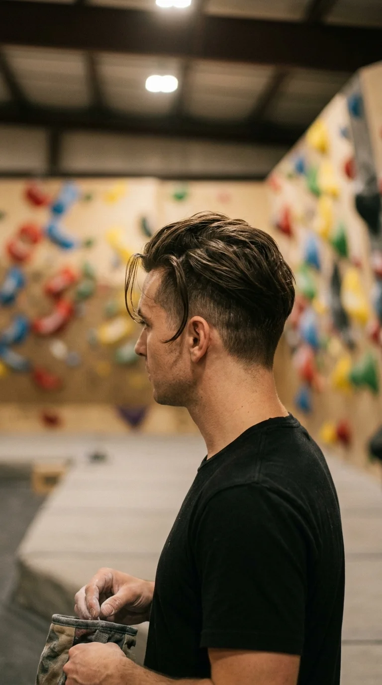 Three quarter front view of a man with a disconnected undercut and long swept top