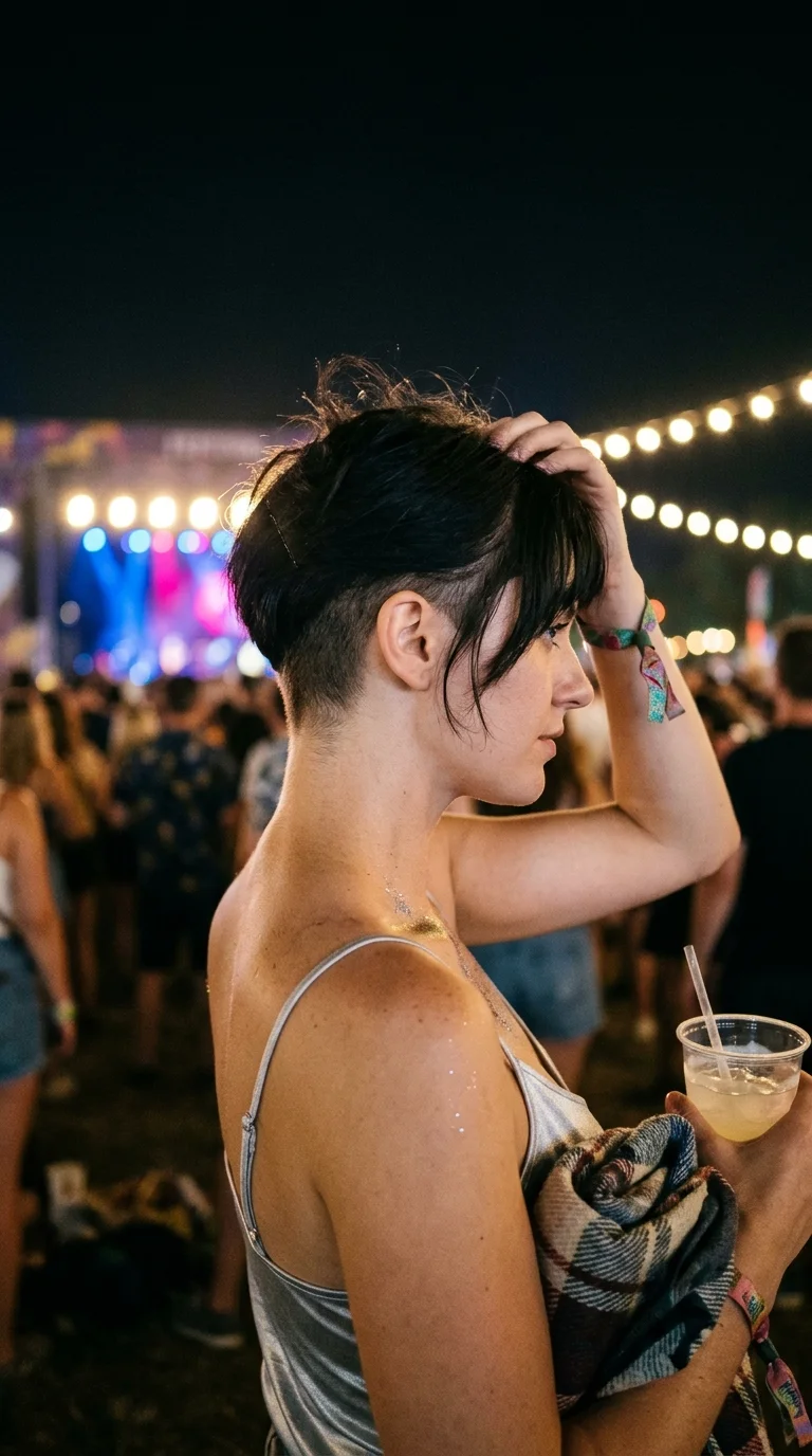 Side profile of a black undercut pixie with one side lifted to show shaved nape