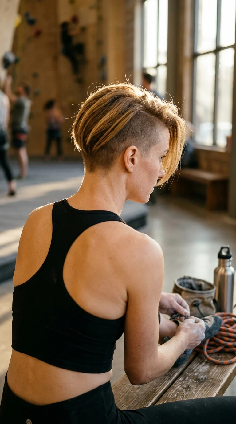 Three quarter back view of an undercut pixie with long swept top layers