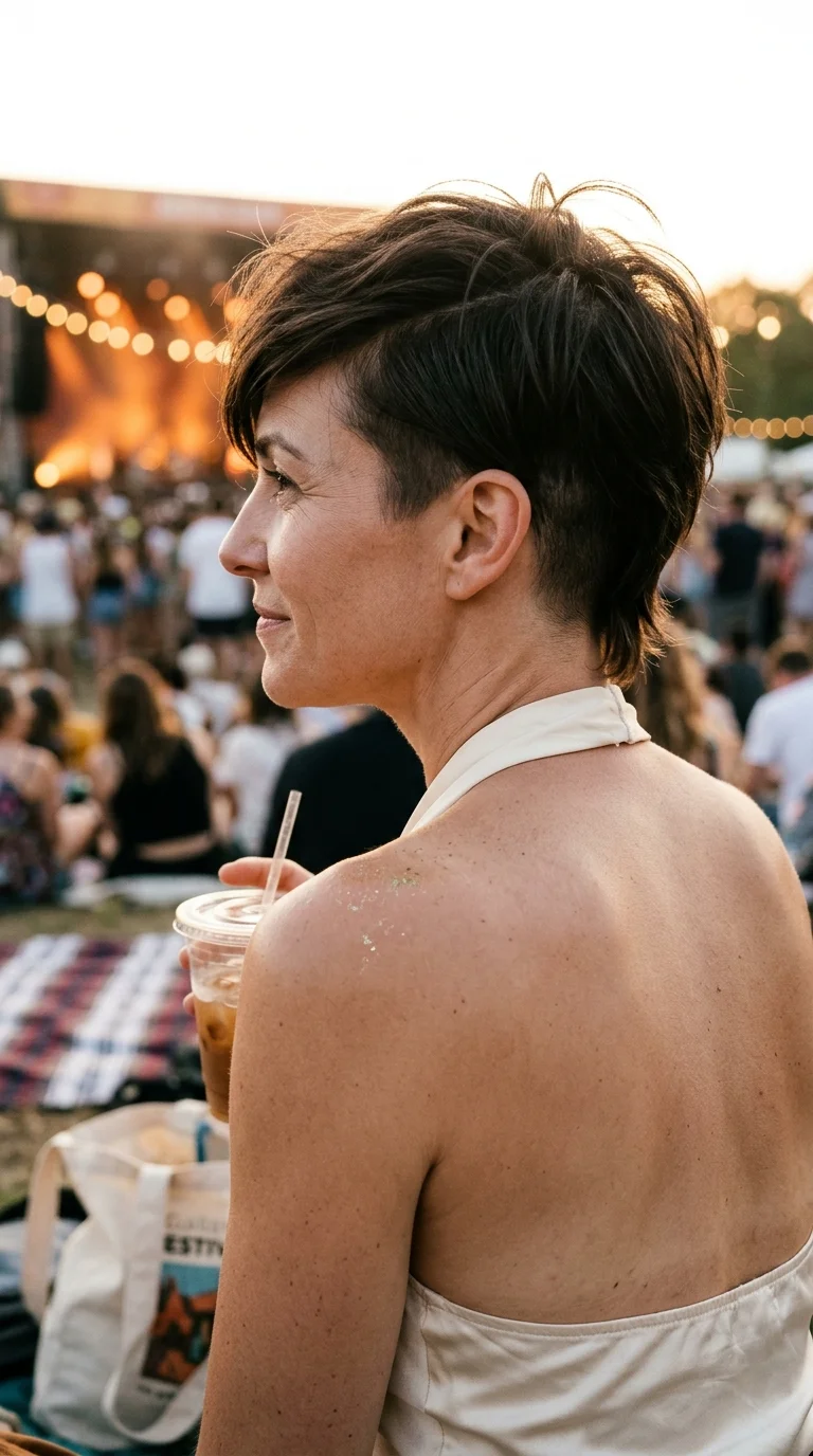 Side profile of a dark brown undercut pixie showing the shaved nape and long top