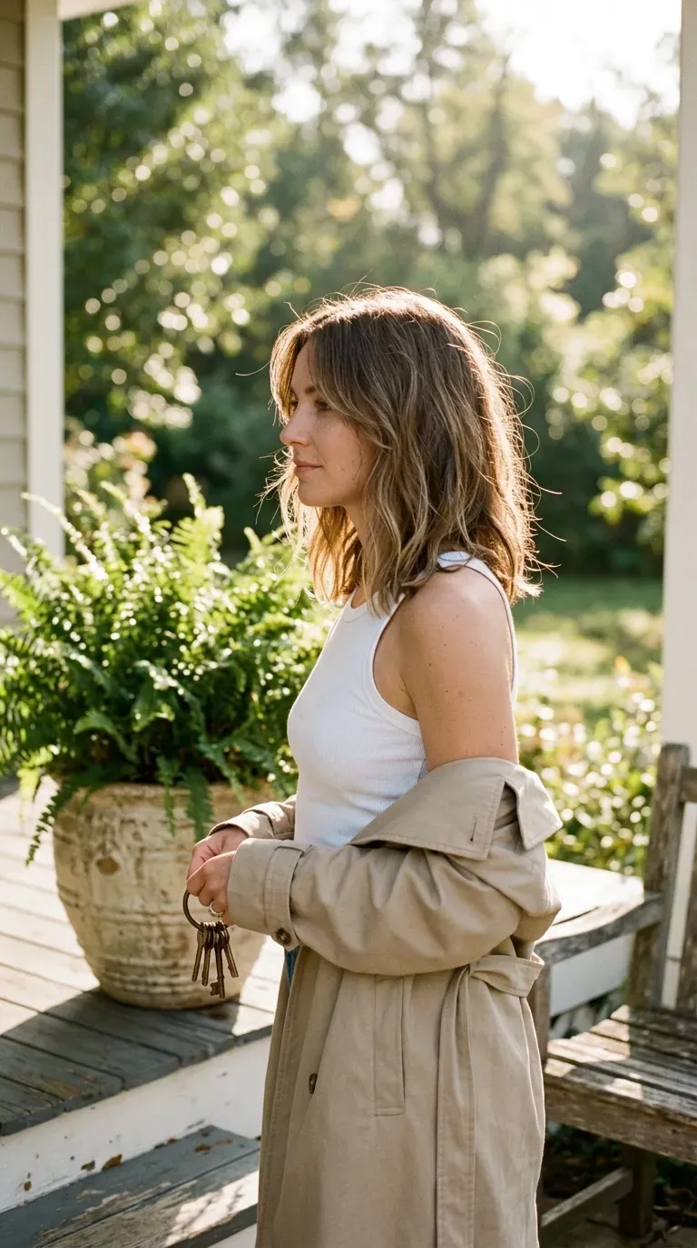 Side profile of an undone lob that grows out well on a front porch