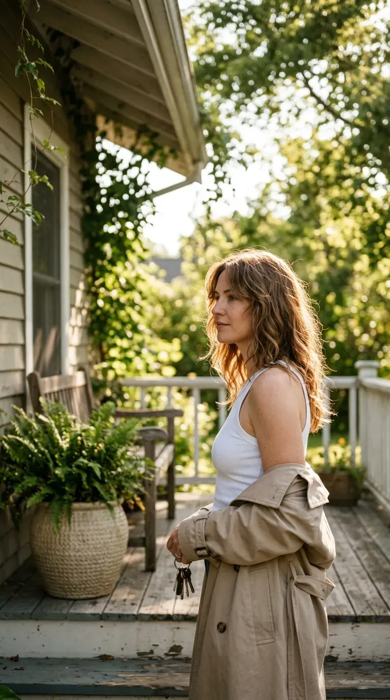 Side profile of an undone shoulder length cut that grows out well on a porch