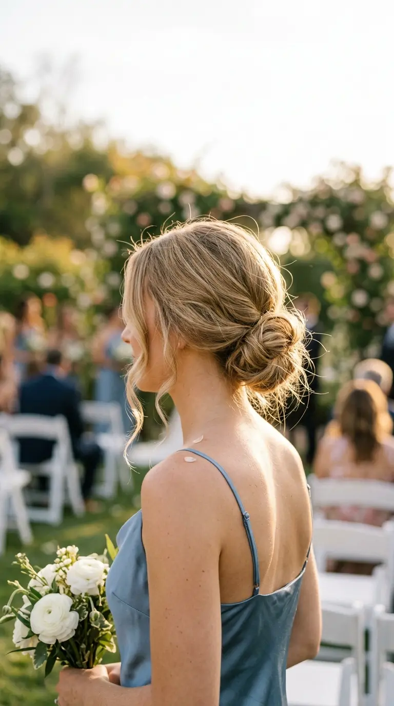 Updos for long hair example, a low messy bun with loose face framing pieces at an outdoor wedding