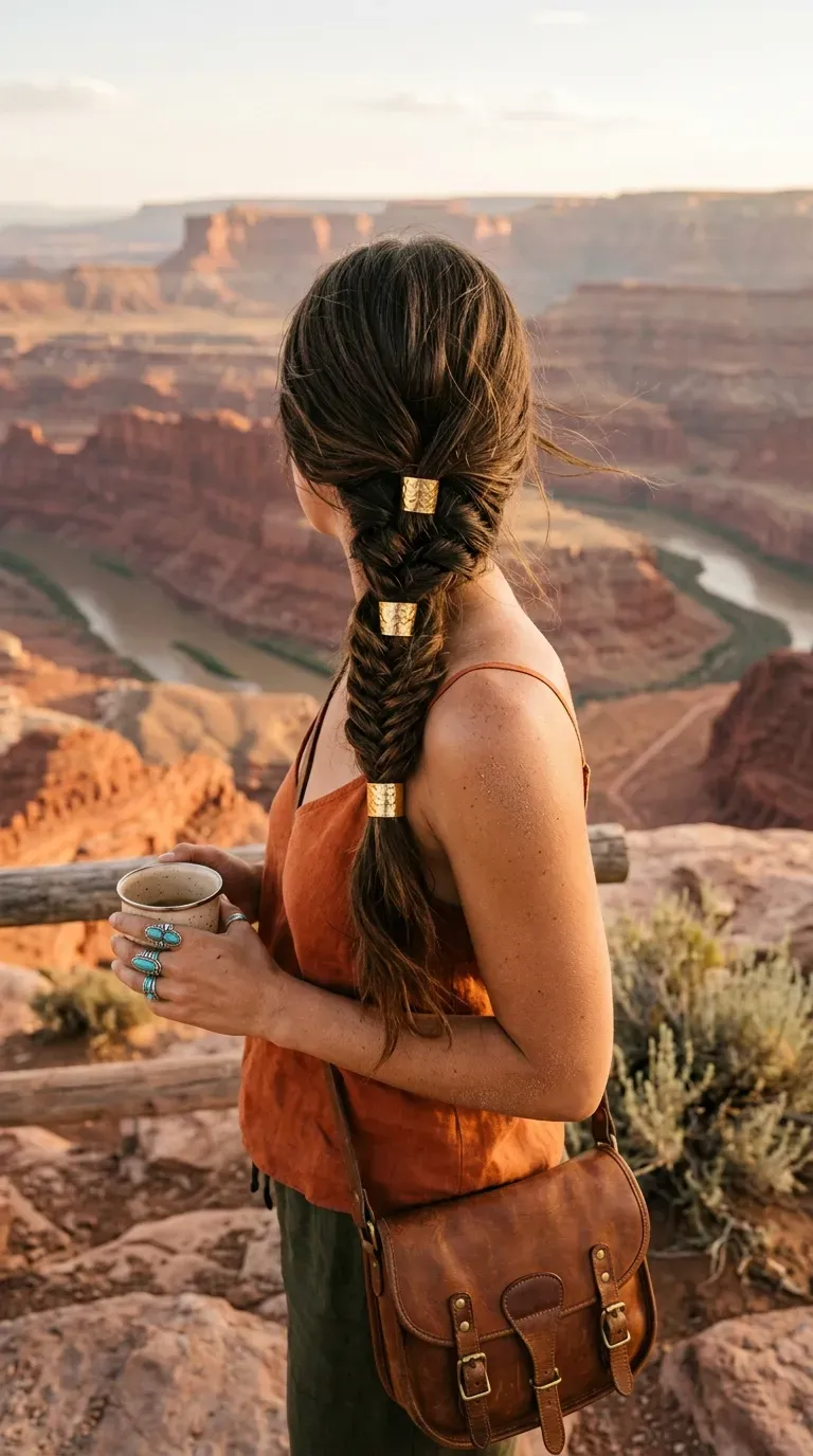 Upside down fishtail braid leading into a loose top knot at a vineyard wedding