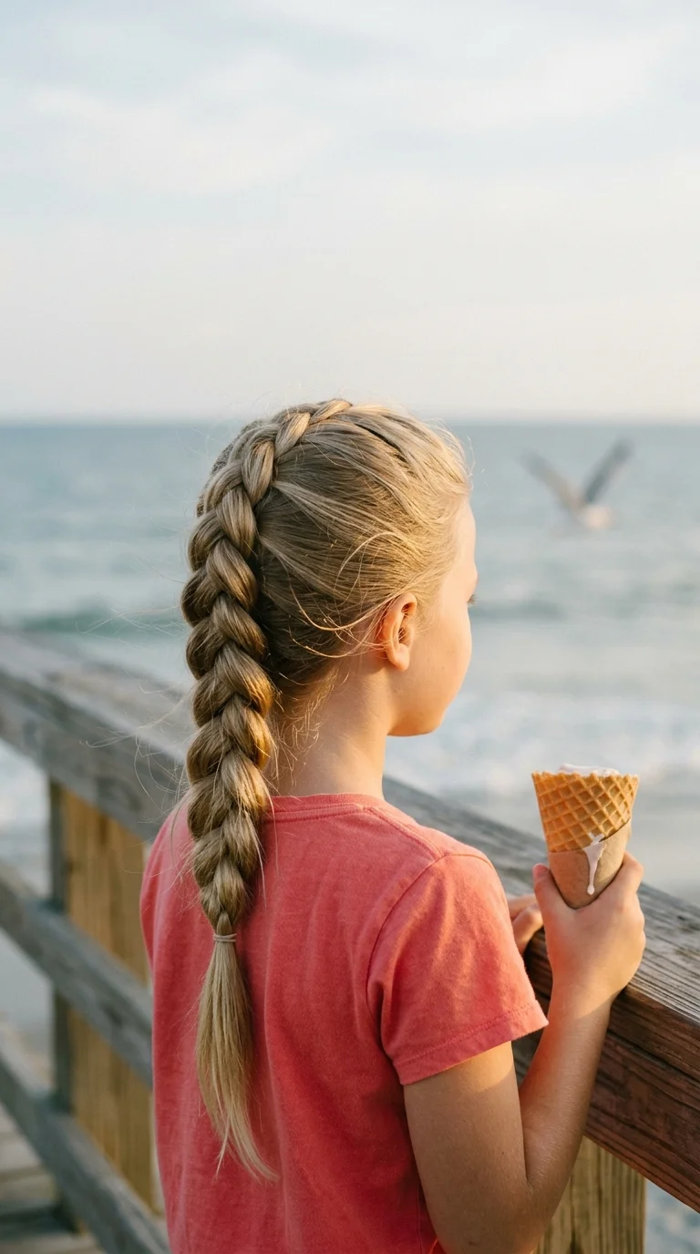 Over the shoulder view of a girl with an upside down French braid leading into a top bun at a dance studio