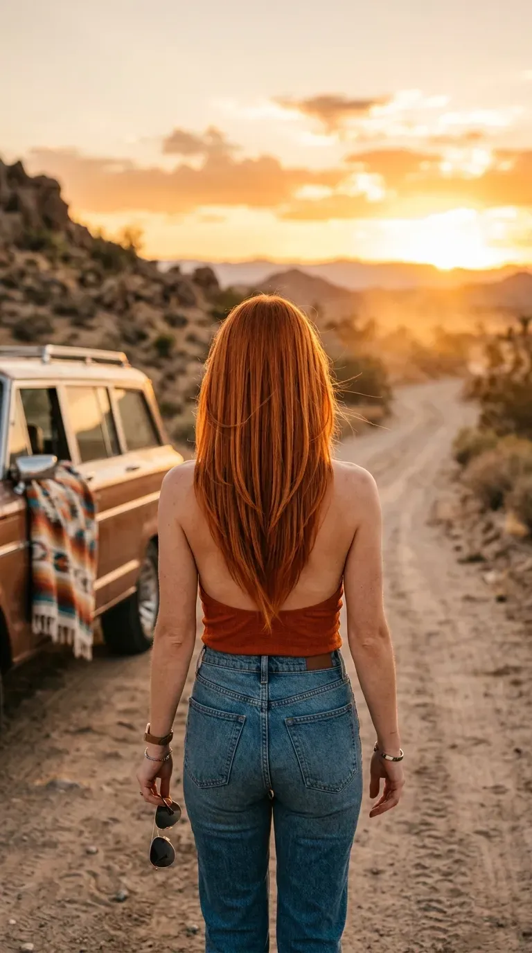 Long copper red hair cut in V shaped layers seen from behind at sunset