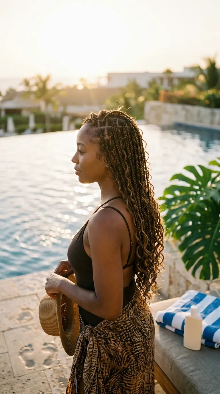 Side profile of boho knotless braids with curly ends beside a resort pool