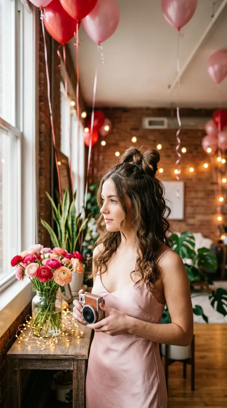 Three quarter view of a hair bow half up style with loose curls