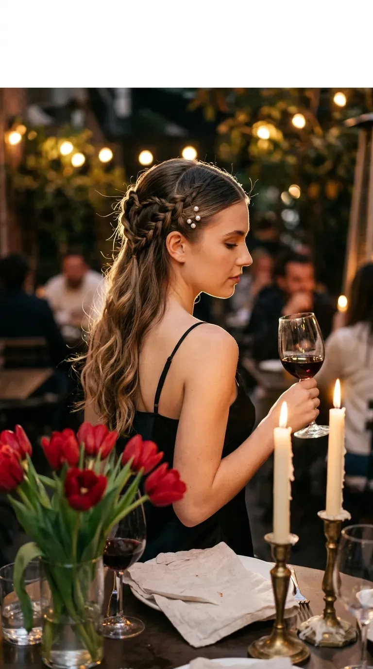 Valentines day hairstyles idea showing a heart half up braid with pearl pins