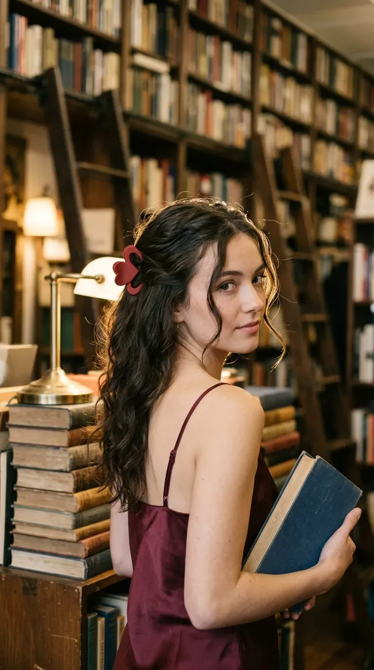 Three quarter back view of a sleek low bun with face framing curls