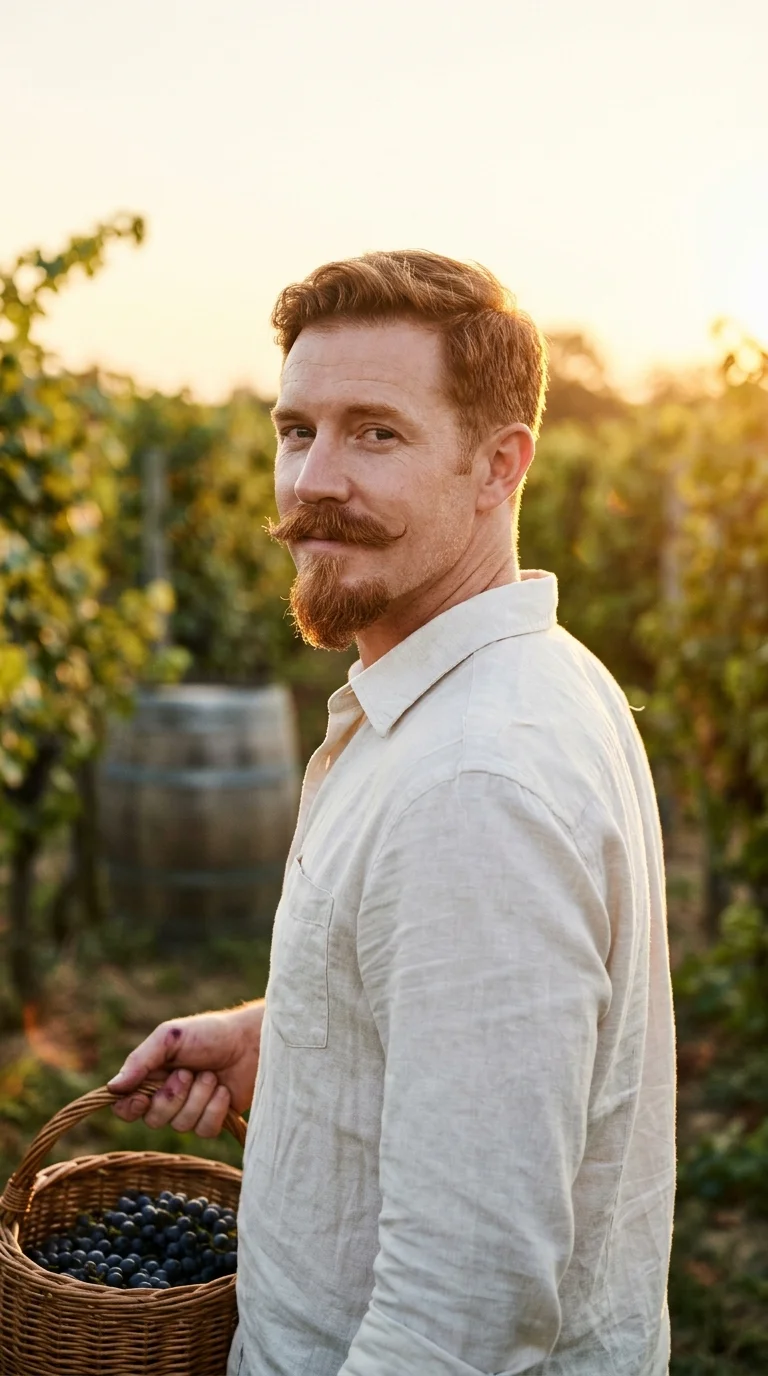 Over the shoulder view of a Van Dyke beard with a separate turned up mustache