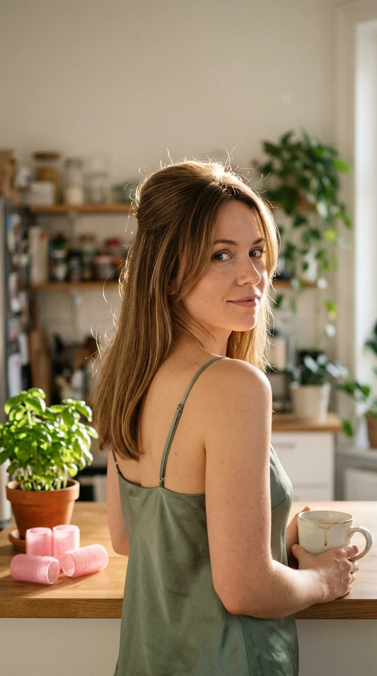 Over the shoulder view of light brown medium hair with roller lifted crown
