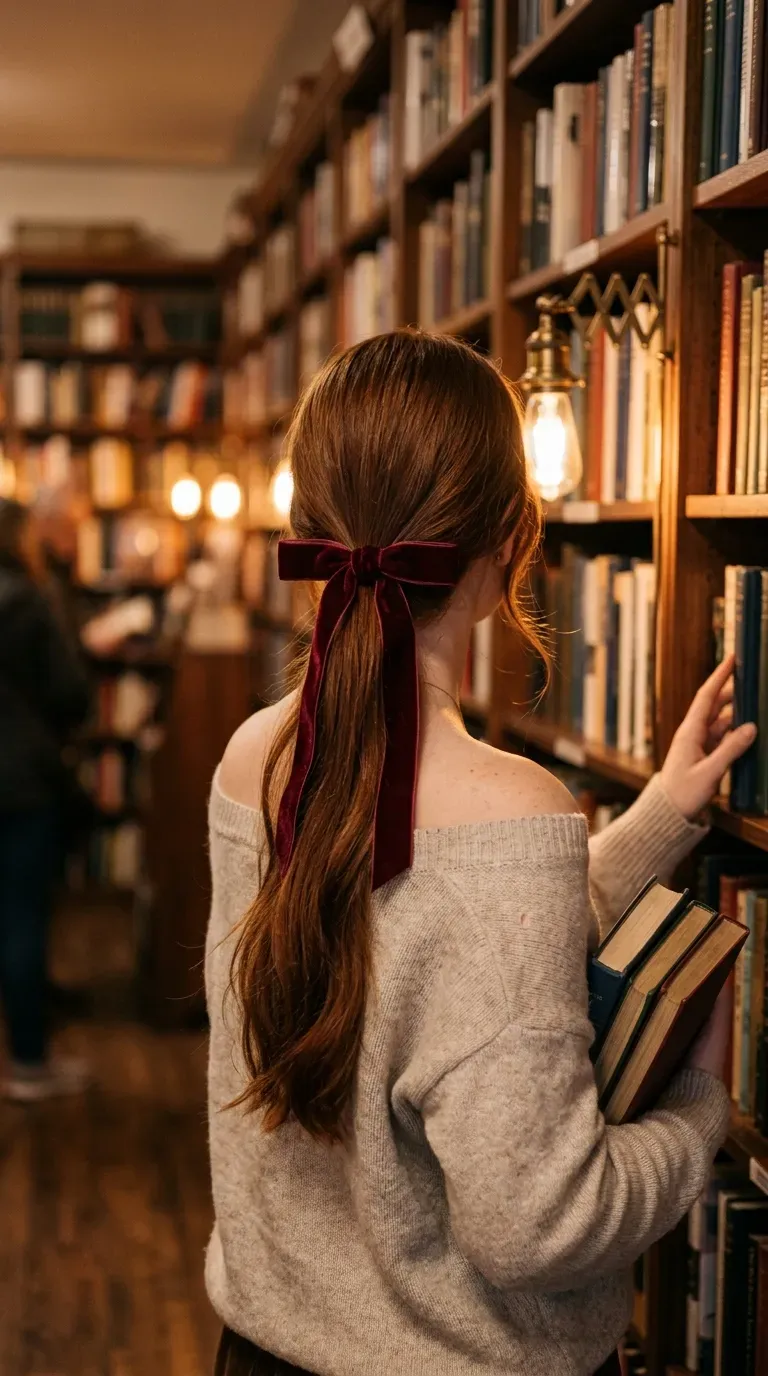 Long auburn low ponytail tied with burgundy velvet ribbon bow in a cozy bookshop