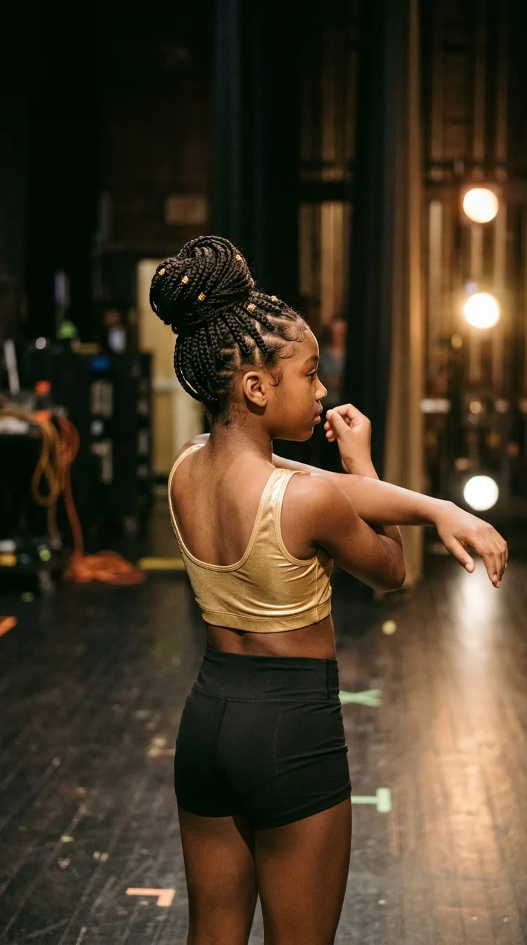 Over the shoulder view of a dancer with two rolled victory rolls at the front and soft curls in back