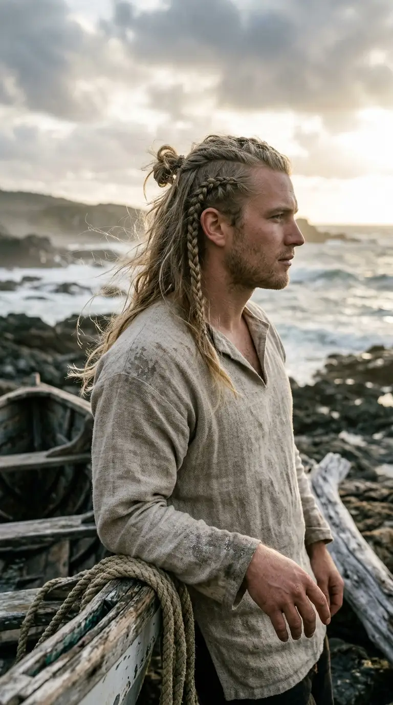 Three quarter front view of Viking side braids on a man by the sea