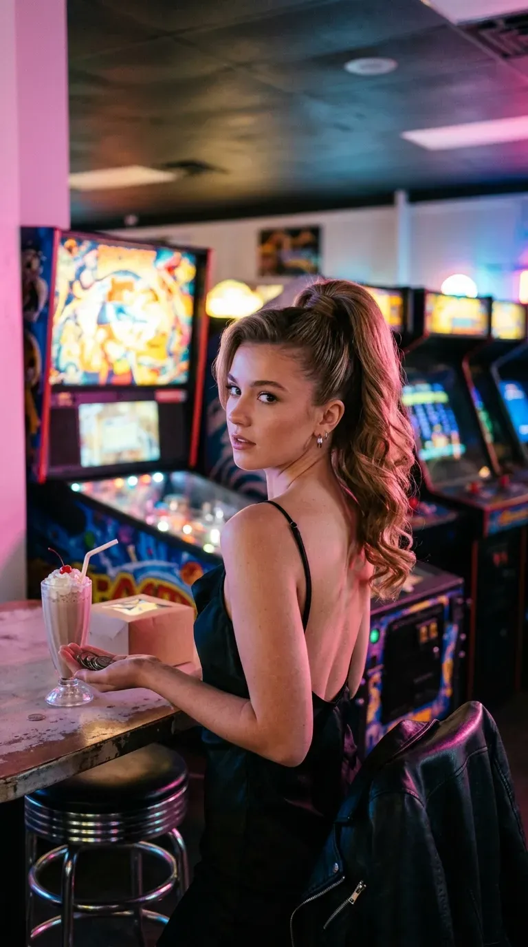 Over the shoulder view of a high volume ponytail with a wrapped base
