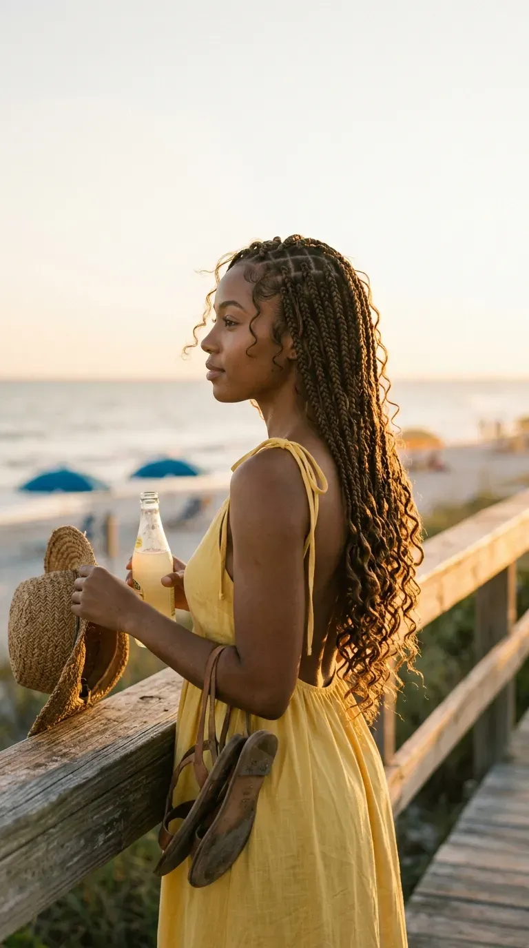 Side profile of waist length boho knotless braids with wavy curls on a boardwalk