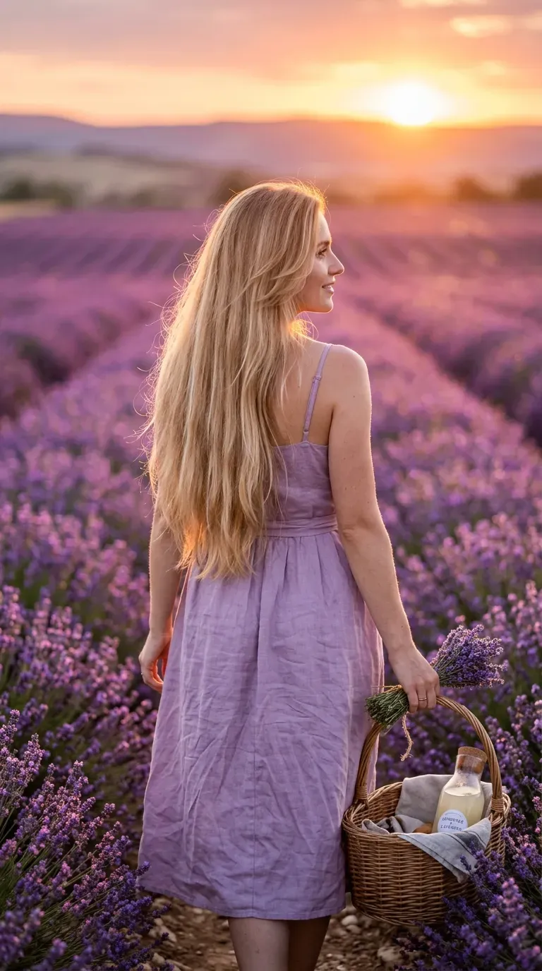 Waist length golden blonde hair with soft face framing layers in a lavender field