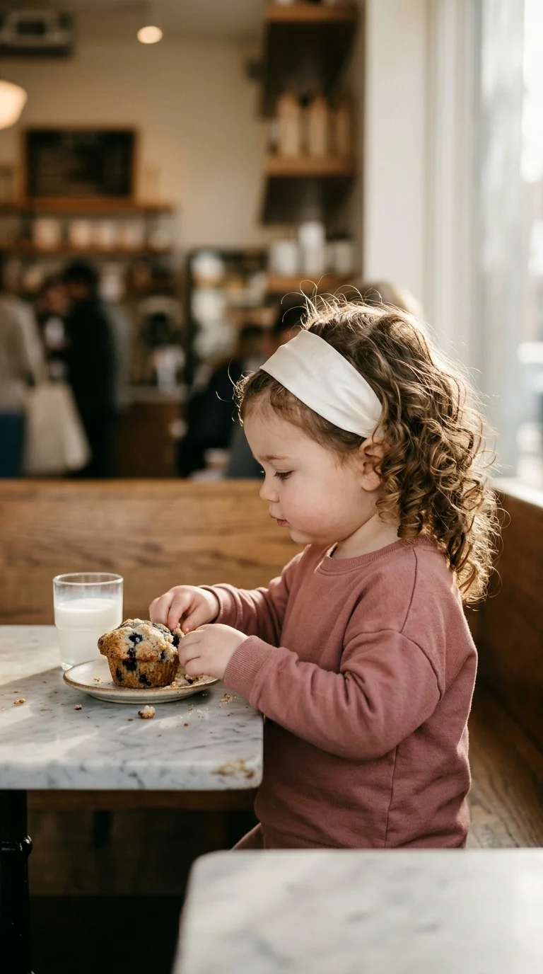 Side profile of a toddler with loose curls and a satin headband at a bakery