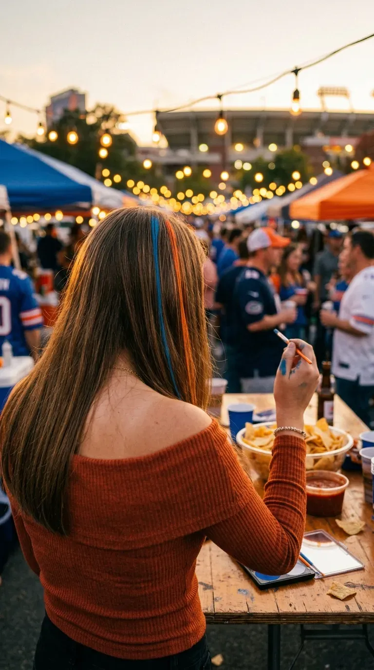 Thin washable team color streaks in long brown hair at a tailgate