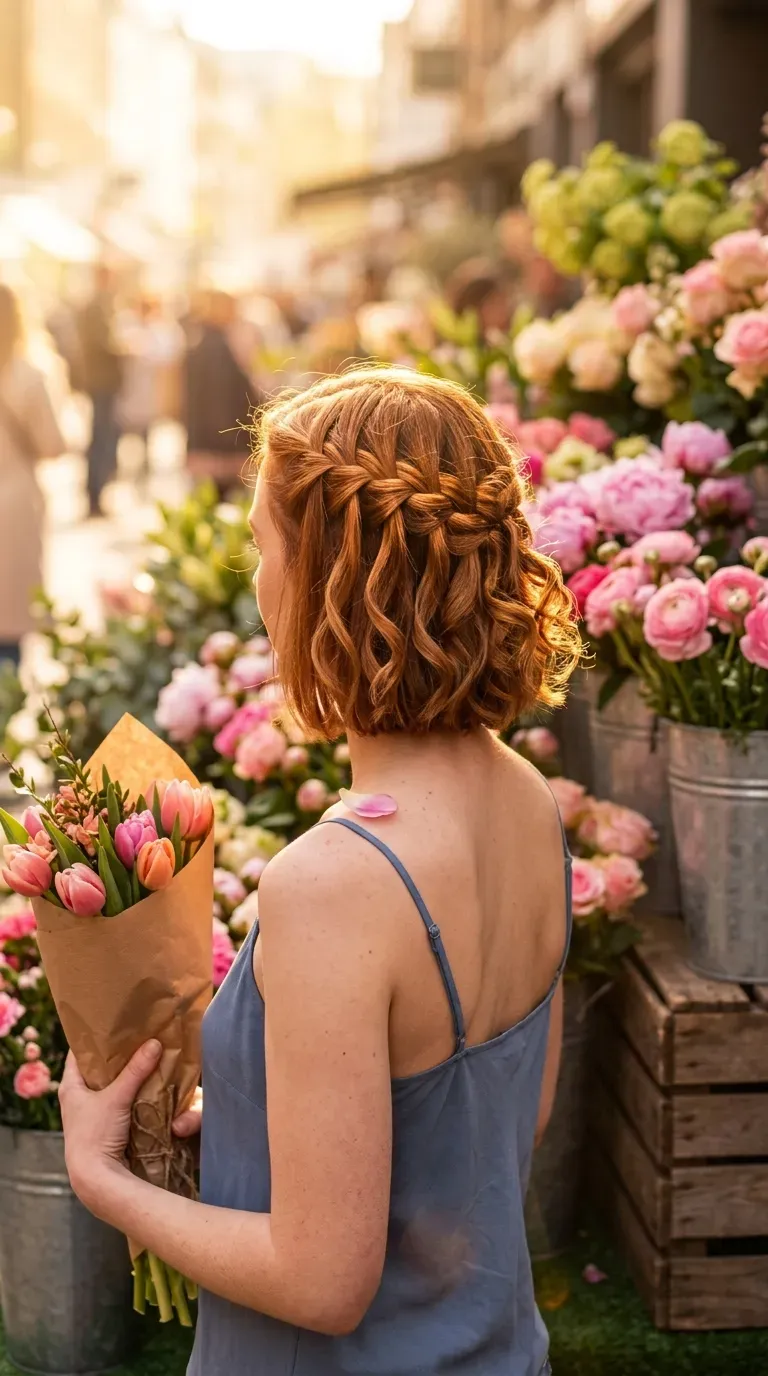 Auburn bob with a waterfall braid running across the back toward one ear