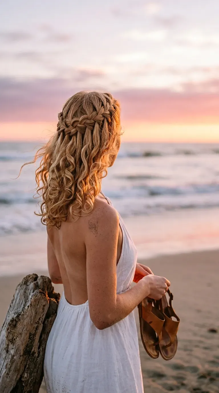 Back view of a waterfall braid crown with loose curls at the beach