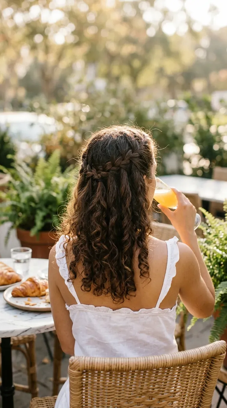 Back view of curly dark hair with a waterfall braid crossing the head