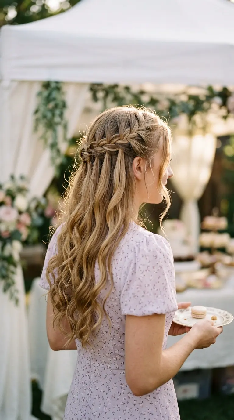 Side back view of a waterfall braid running across the back of the head with strands falling through it into long curls