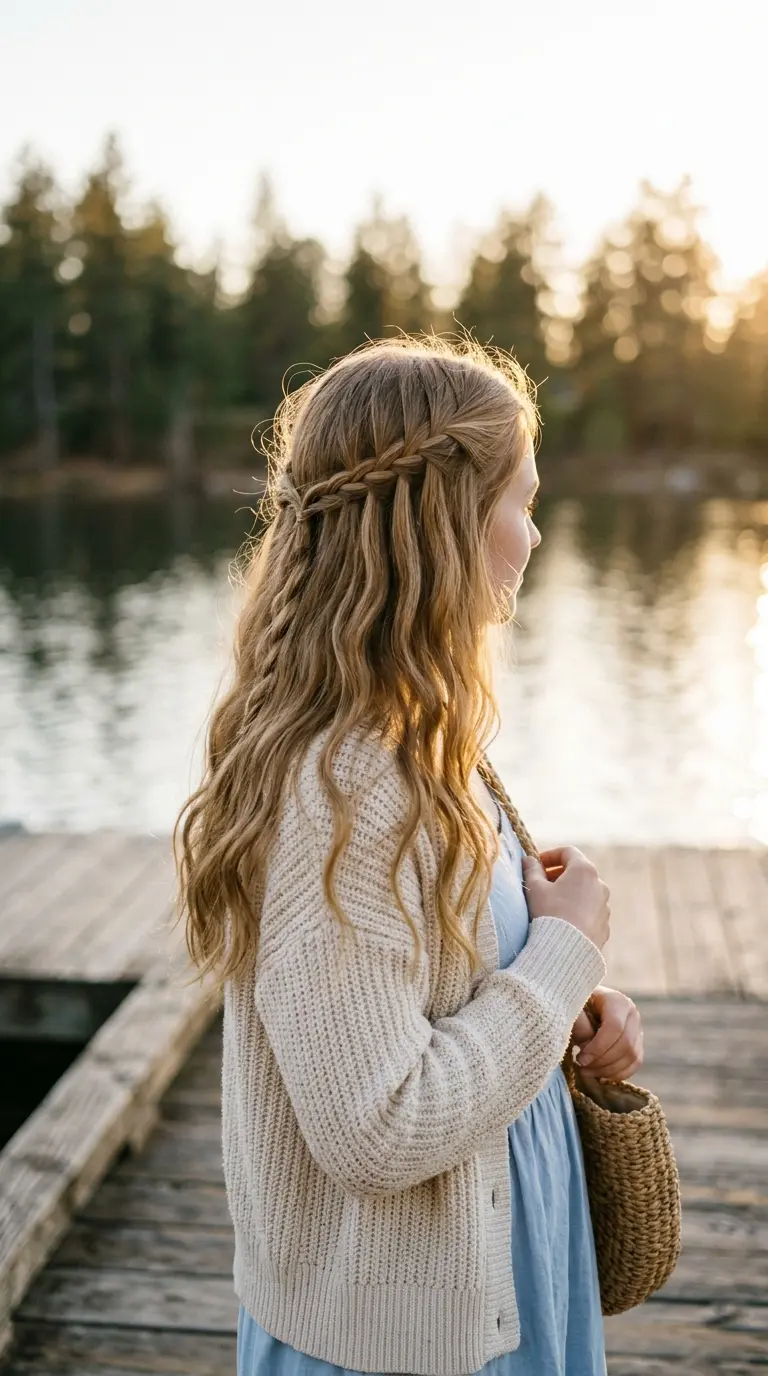 Back view of a waterfall braid running across the back of the head with loose strands falling through into long waves