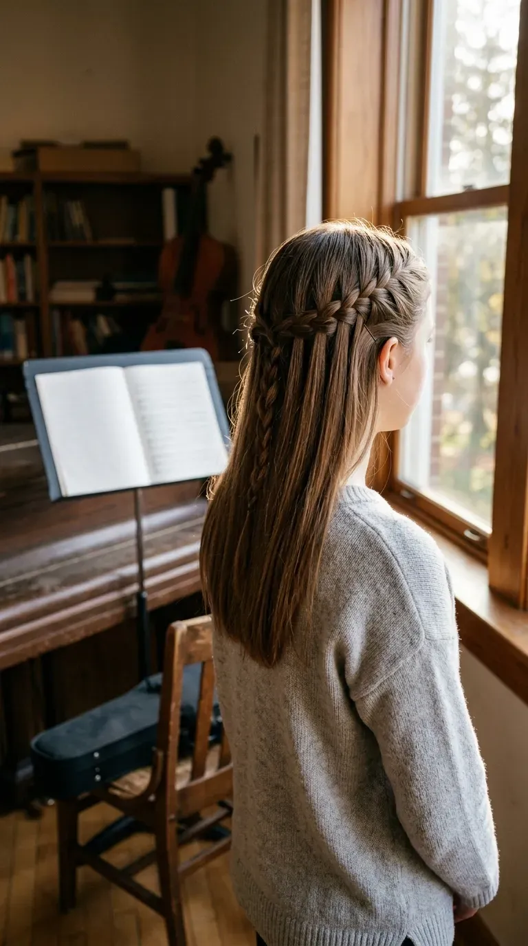 Waterfall braid on straight brown hair beside a sunny music room window