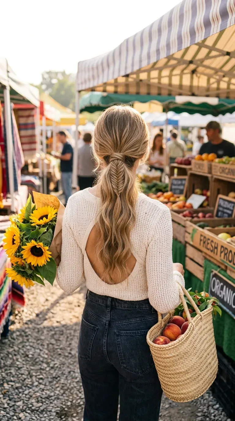 Waterfall fishtail braid across the back of the head over loose curls at sunset