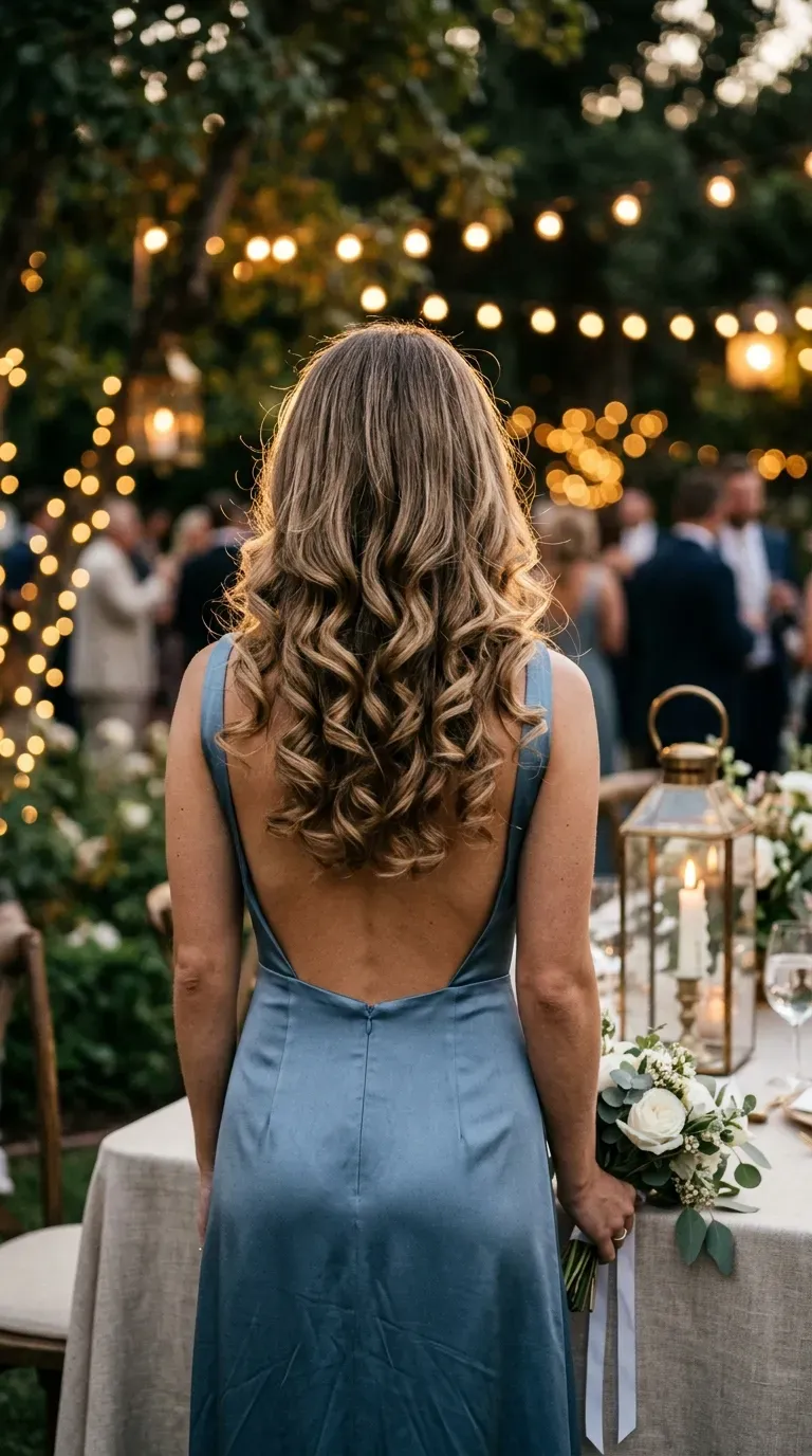 Long layered haircut with cascading curled waterfall layers at an evening wedding reception