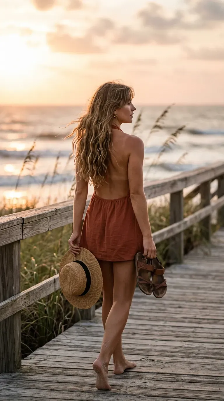 Long wavy sandy hair with air dried curtain bangs on a boardwalk at sunset