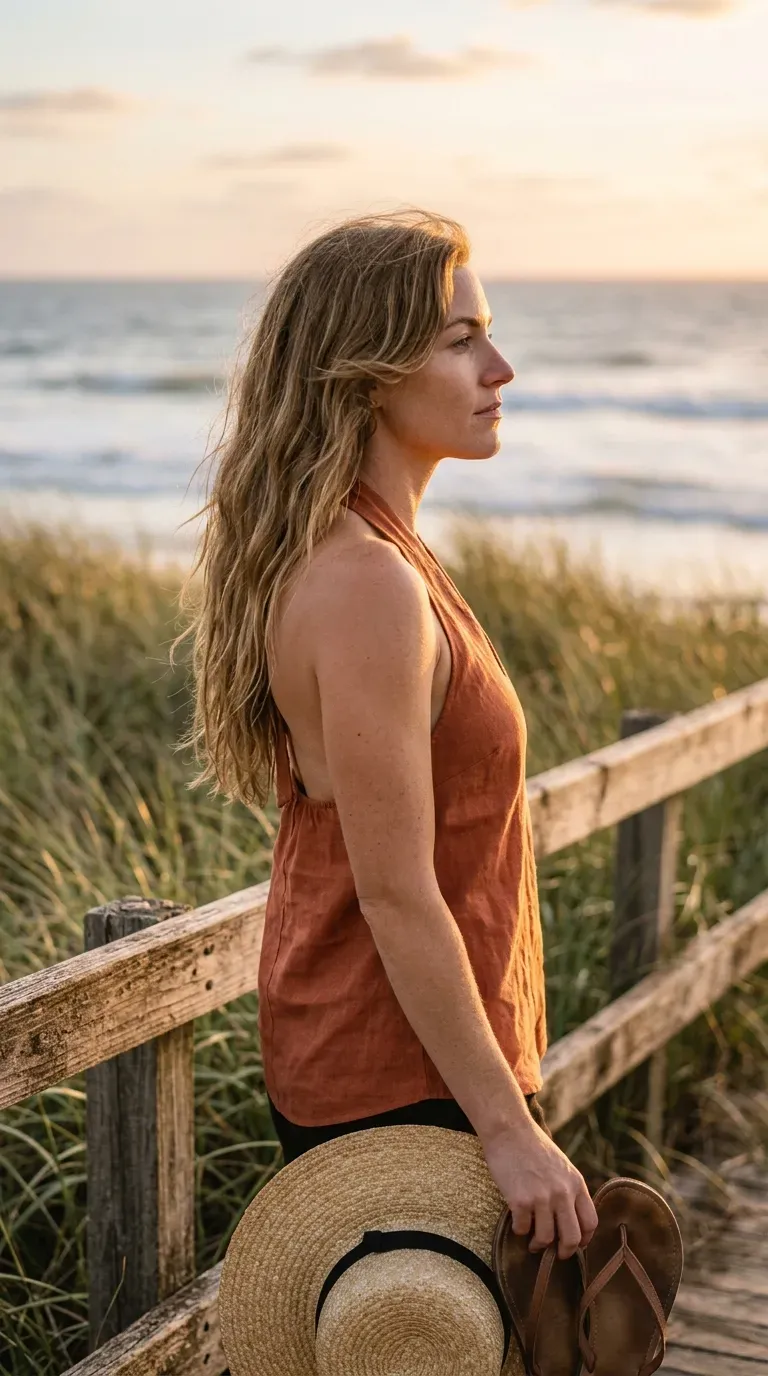 Sandy long wavy hair with air dried face framing bending outward on a boardwalk