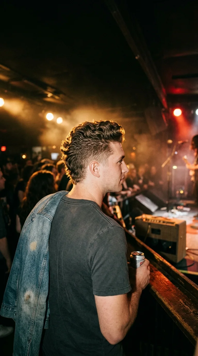 Three quarter back view of a wavy faux hawk with faded sides at a concert