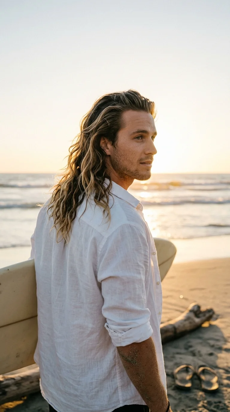 Three quarter back view of shoulder length beach waves, relaxed wavy hairstyles for men
