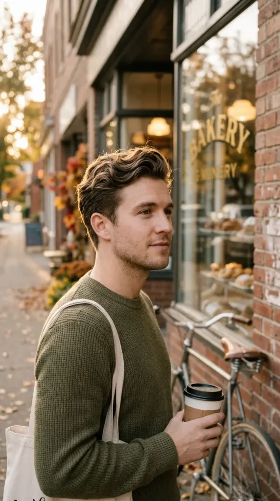 Portrait collage of four wavy hairstyles for men shown in side and three quarter views