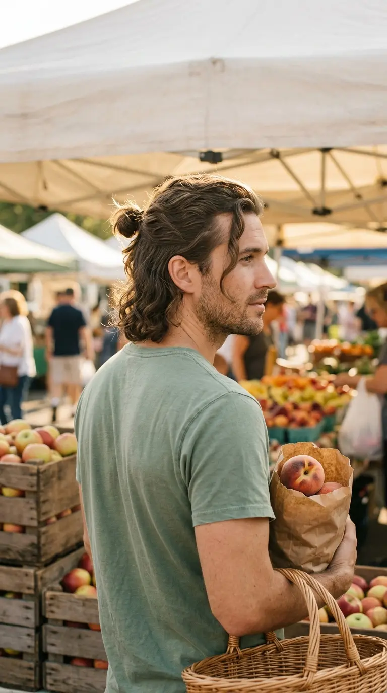 Three quarter front view of a wavy half up top knot at a farmers market