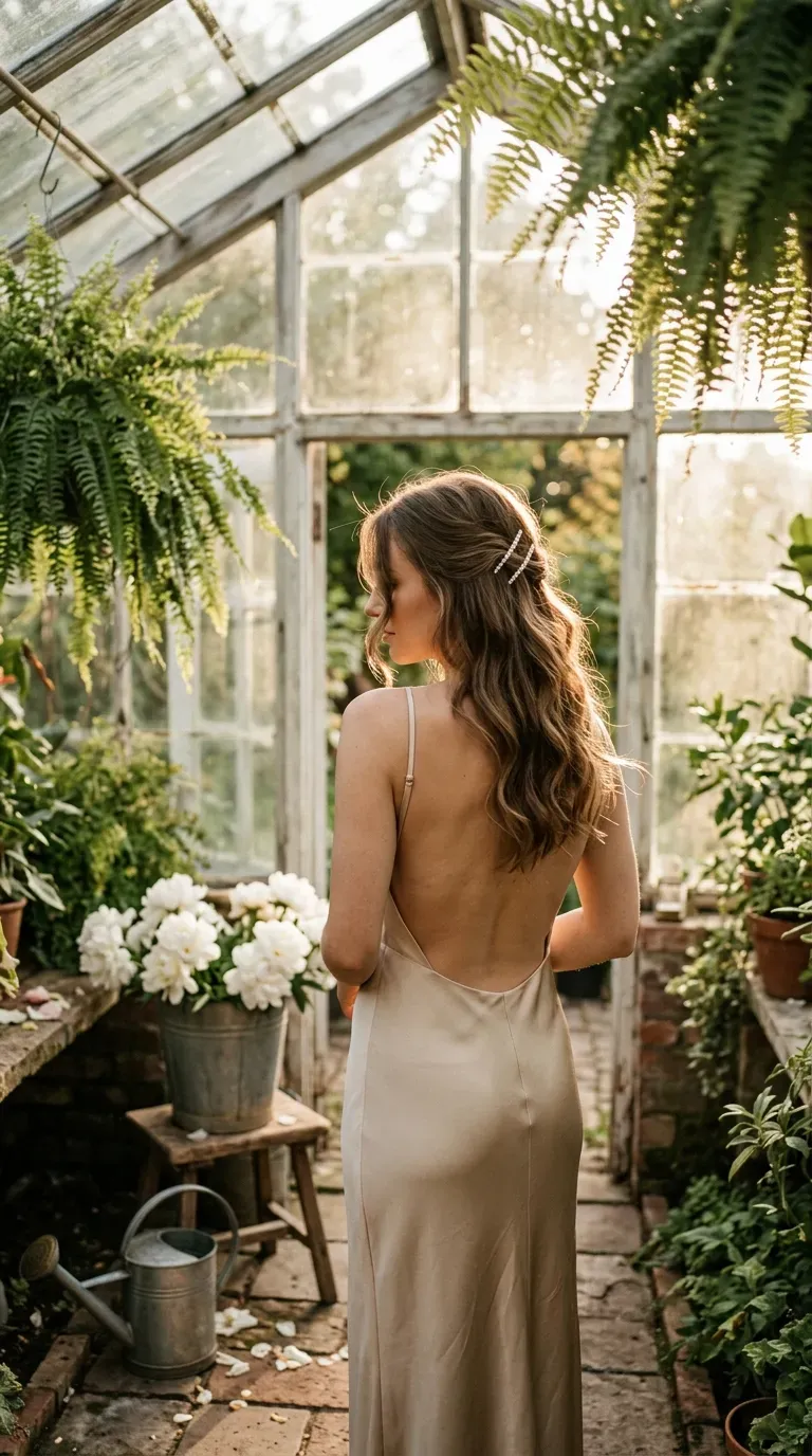 Over the shoulder view of wavy half up hair pinned with two pearl pins